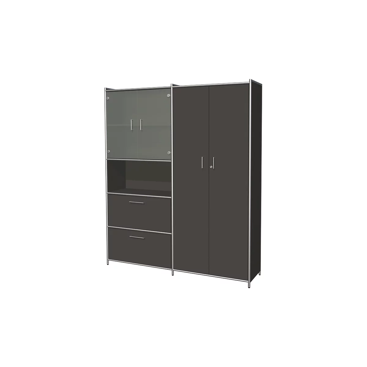 A gray office cabinet with sliding doors, drawers, and shelves. The left door is glass, the right one is opaque.