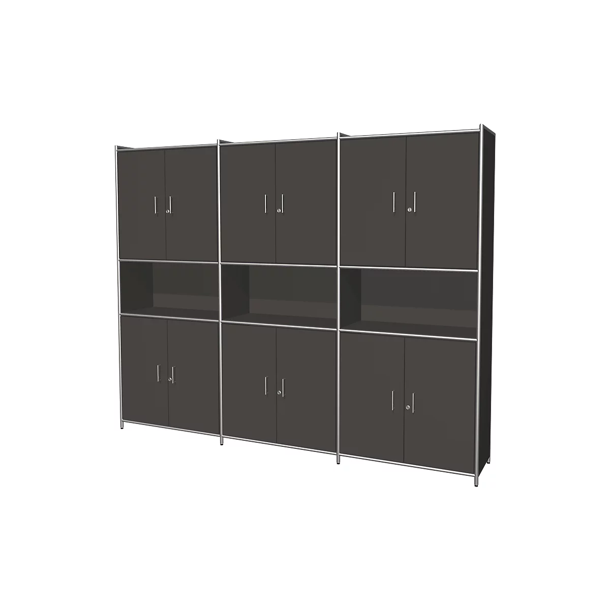 Dark gray cabinet with doors and open compartments, silver frames and handles.