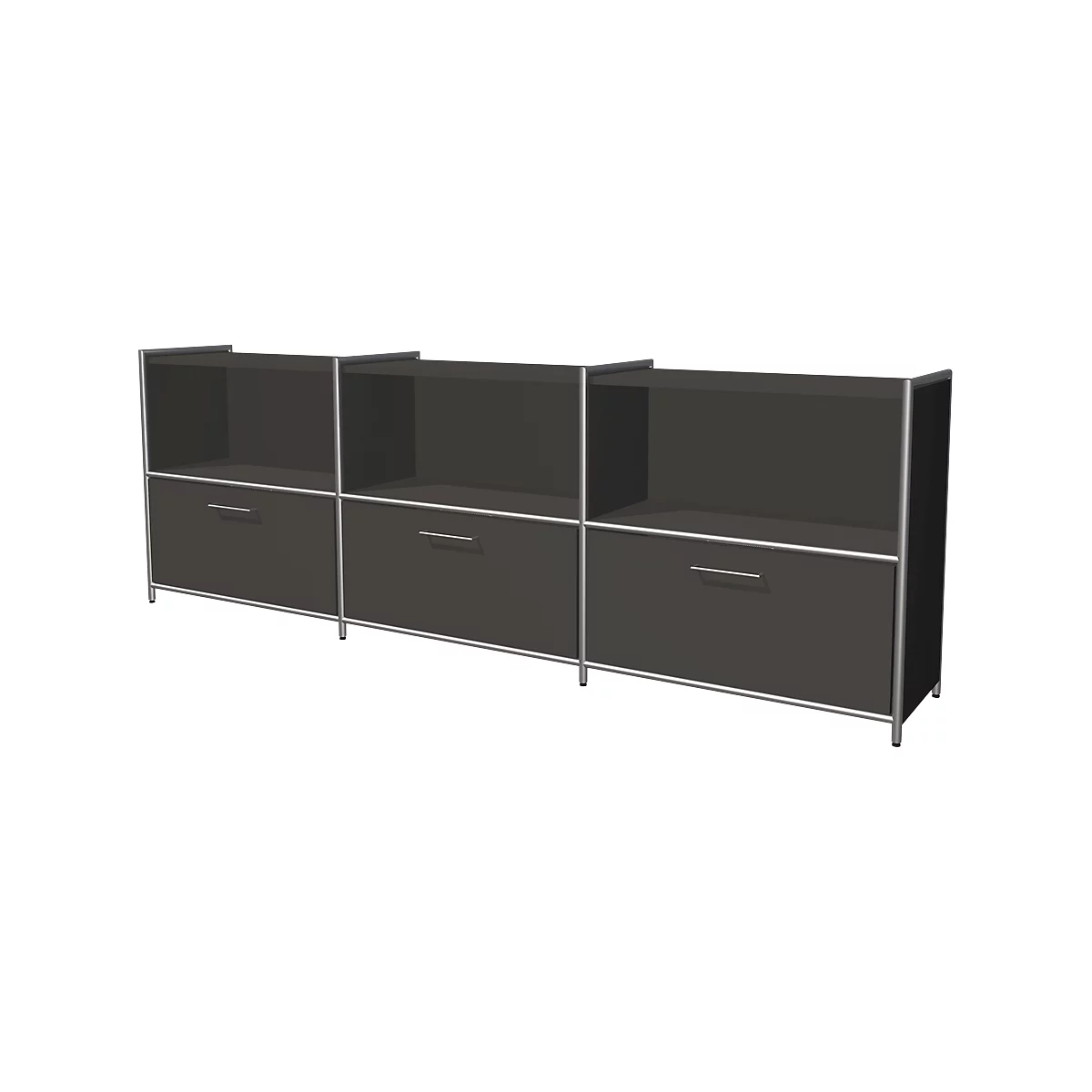 Three-part, dark gray bookcase with open shelves above and drawers below. Silver-colored frames.