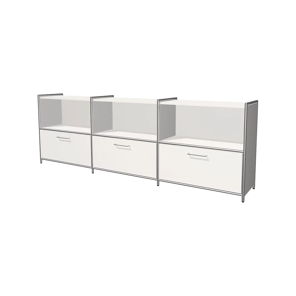 Three-part white dresser with drawers and open shelves, silver frames. Modern design.
