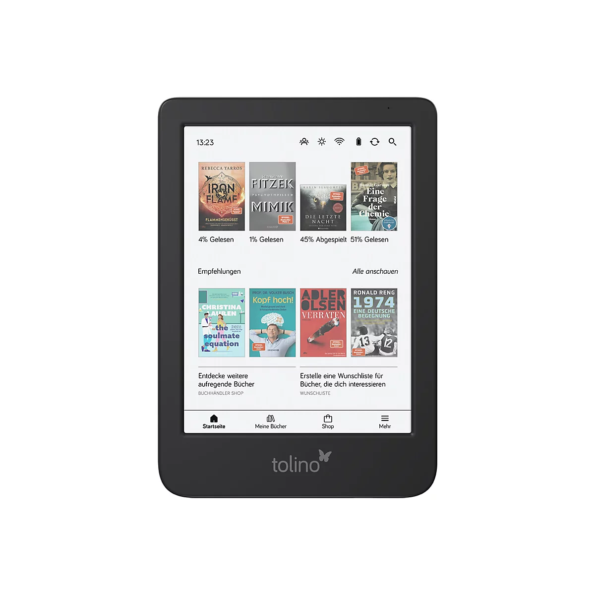 Schwarzer Tolino eBook-Reader mit Startbildschirm, Buchcover-Übersicht, Lesefortschritt und Navigationsleiste.