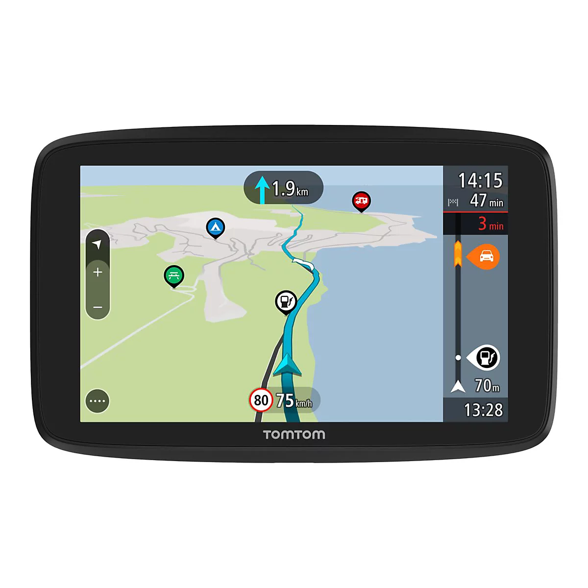 Ein TomTom-Navigationsgerät zeigt eine Karte mit Routenführung. Die aktuelle Geschwindigkeit beträgt 75 km/h. Die Ankunftszeit wird mit 14:15 Uhr angegeben.