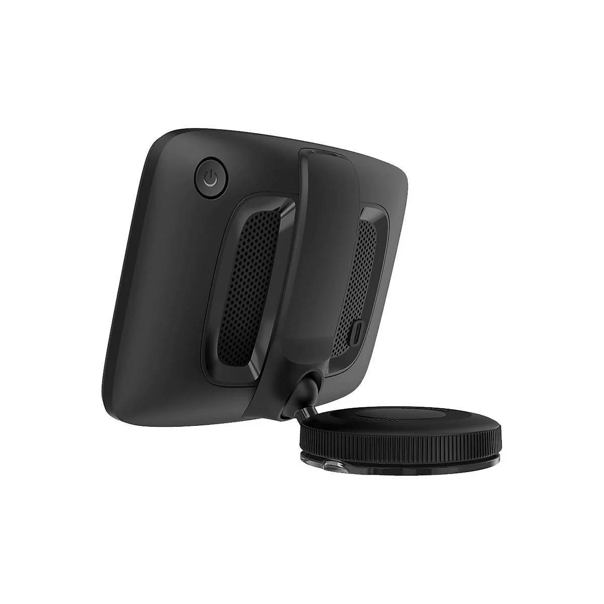 Schwarzes Navigationsgerät, Power-Button oben links. Unterhalb Saugnapf. Gitter an den Seiten.