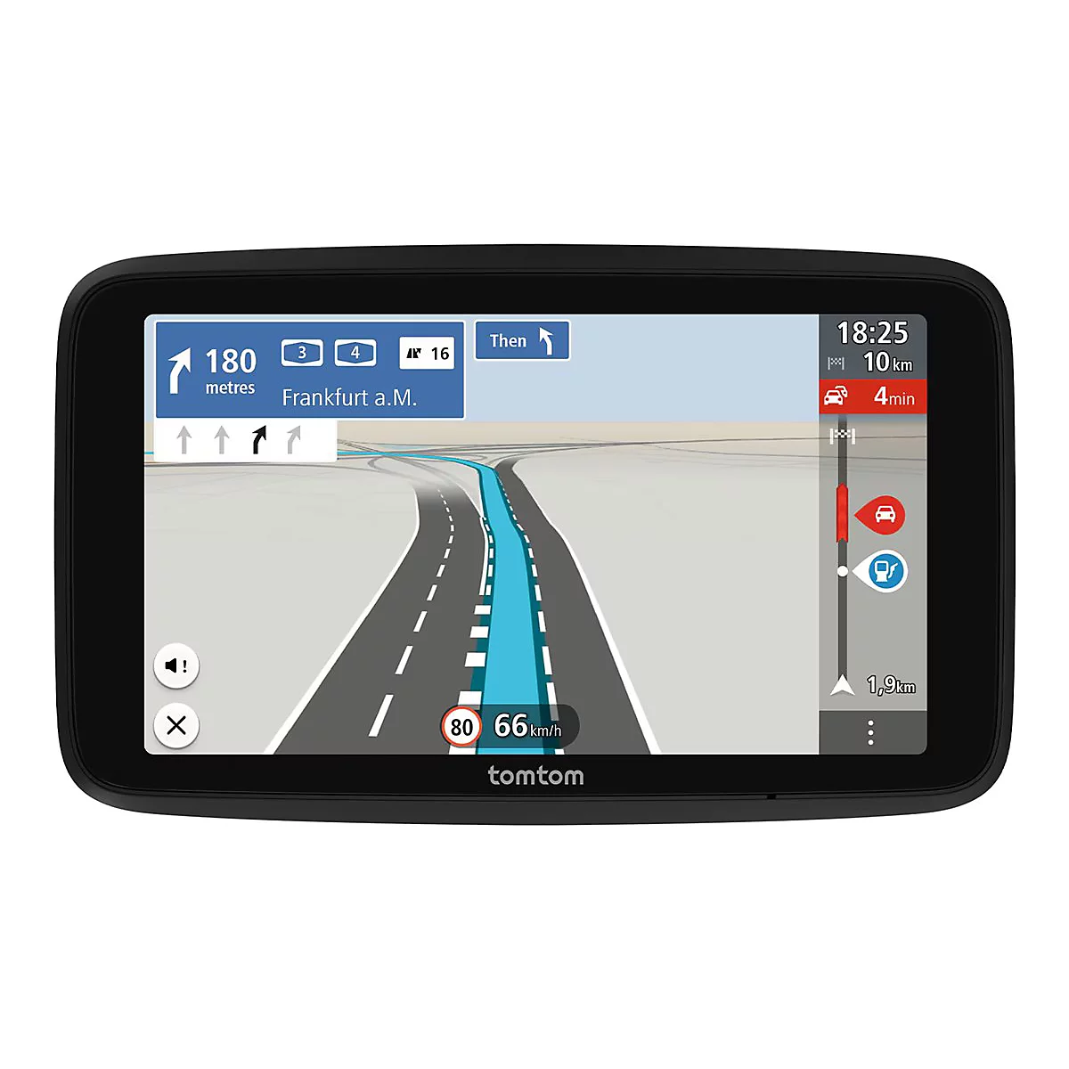 Ein TomTom-Navigationsgerät mit Wegbeschreibung, 180 Meter bis zur nächsten Abbiegung nach Frankfurt am Main.