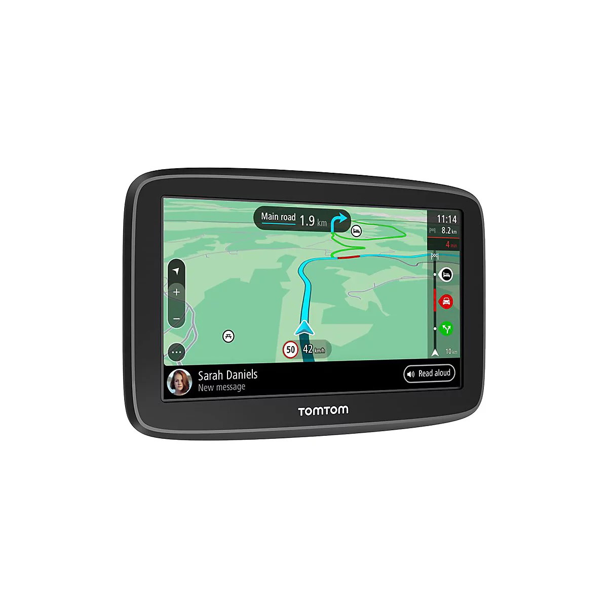 Ein TomTom-Navigationsgerät mit Wegbeschreibung. Auf dem Bildschirm: Karte mit Weg, Text: Main Road, 1.9 km; Sarah Daniels; Neue Nachricht.