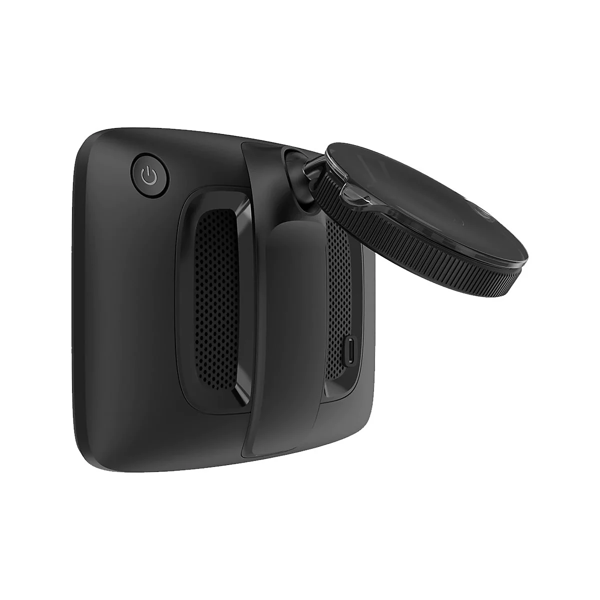 Schwarzes Gerät mit Netzteil und Saugnapfhalterung. Power-Taste, Lüftungsschlitze und Anschlussöffnungen.