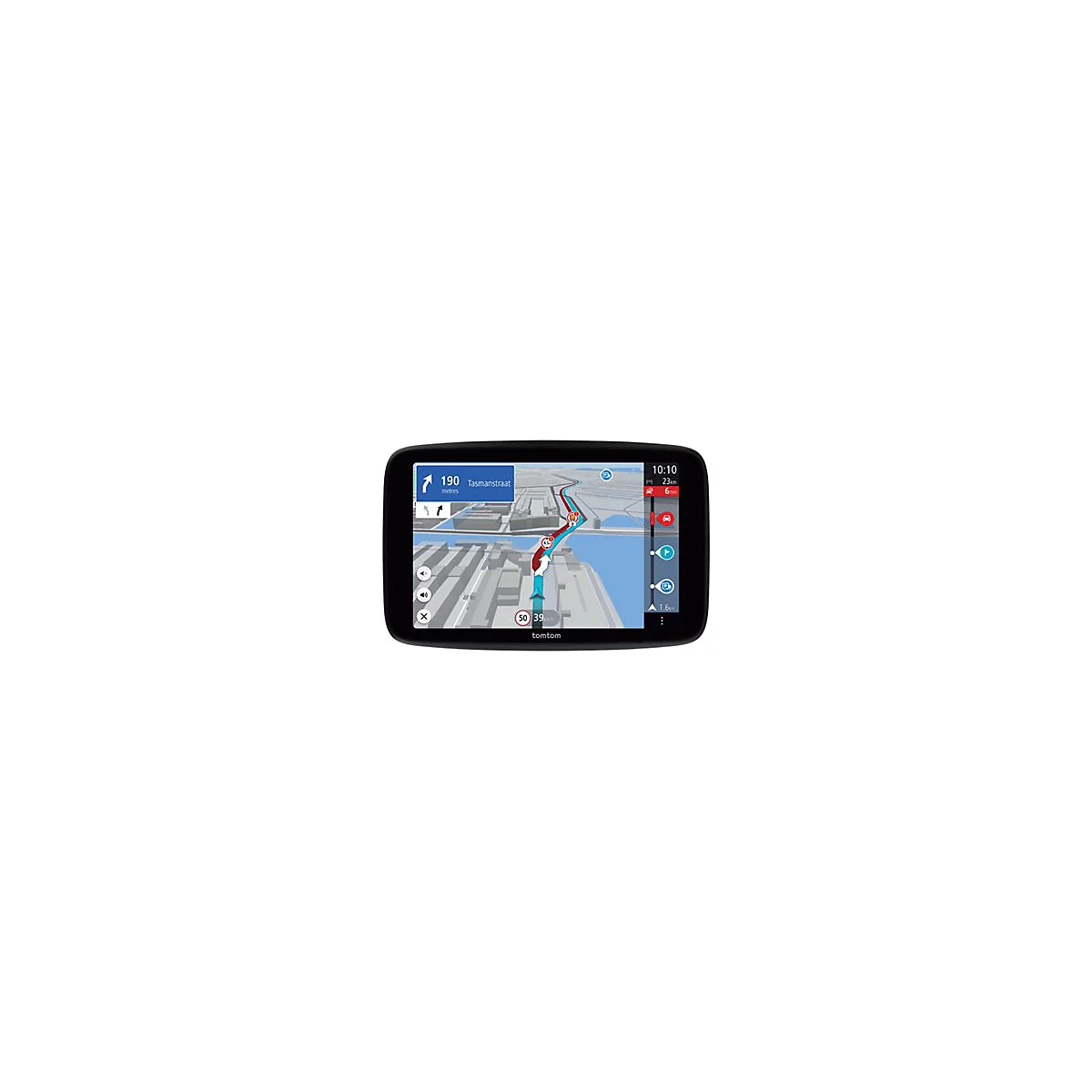 Ein TomTom-Navigationsgerät mit Wegbeschreibung, das die Tasmanstraat in Amsterdam anzeigt.