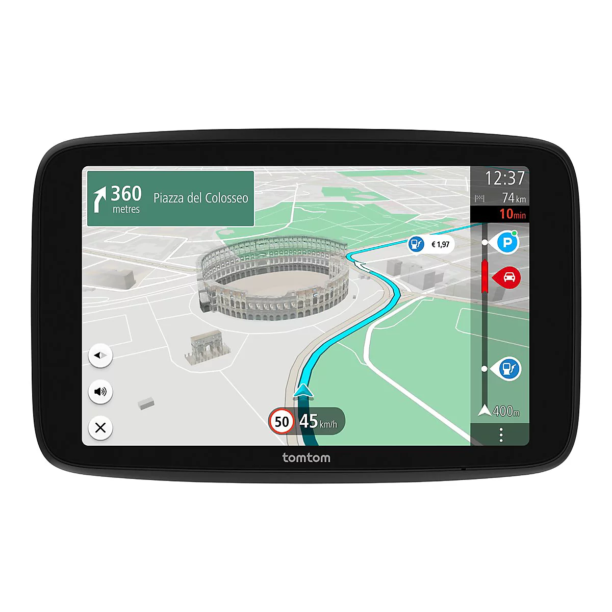 Ein TomTom-Navigationsgerät mit einer Kartenansicht. Die Route führt am Kolosseum vorbei. Angaben zu Entfernung und Zeit sind sichtbar.