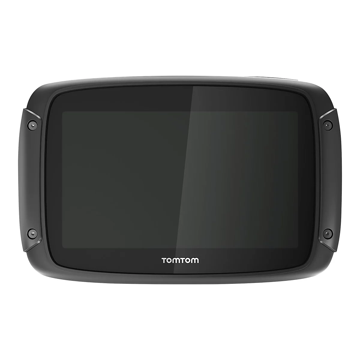 Schwarzes TomTom-Navigationsgerät vor weißem Hintergrund. Das Display ist ausgeschaltet. Am unteren Rand steht der Markenname.