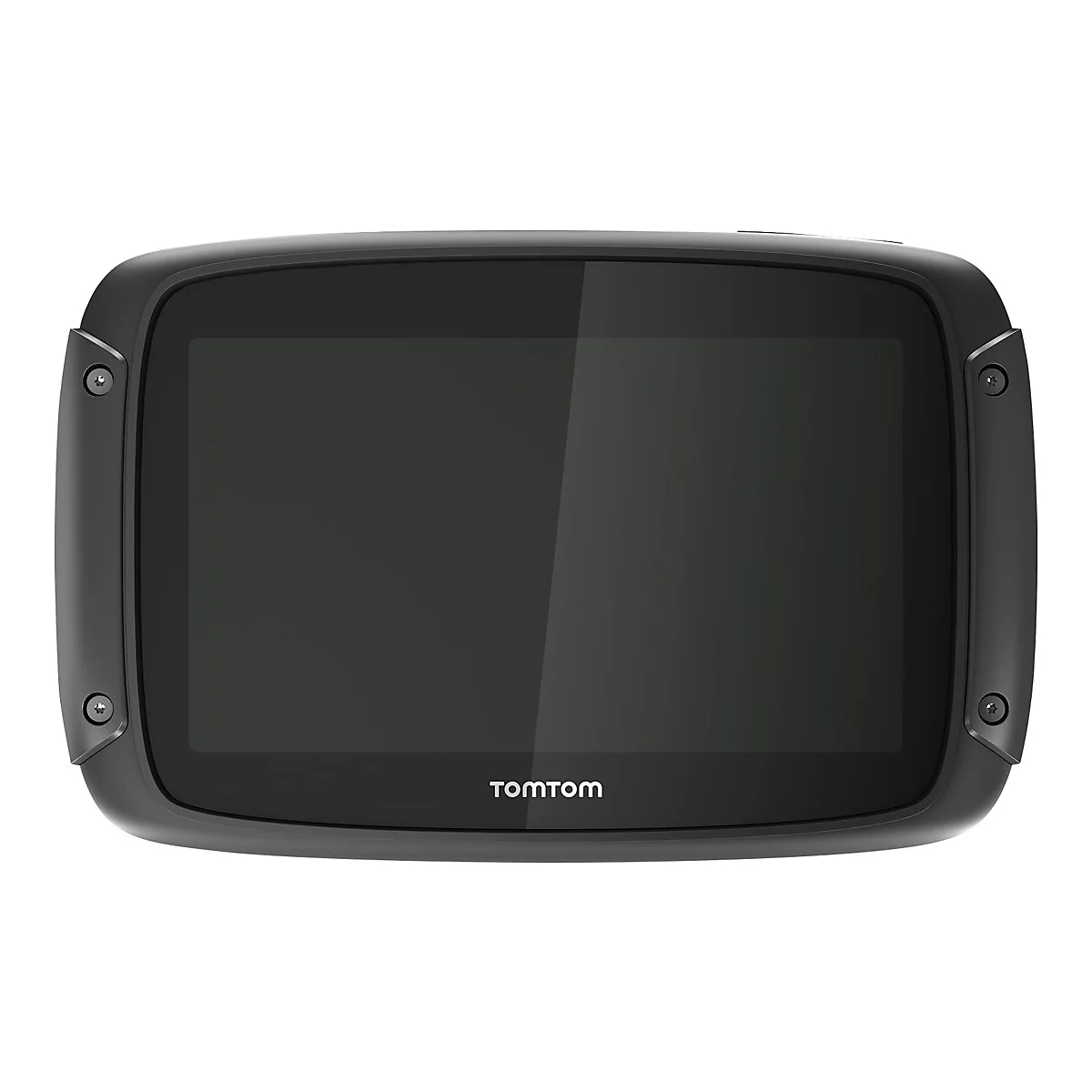 Schwarzes TomTom Navigationsgerät mit abgerundeten Ecken und Display, auf weißem Hintergrund.