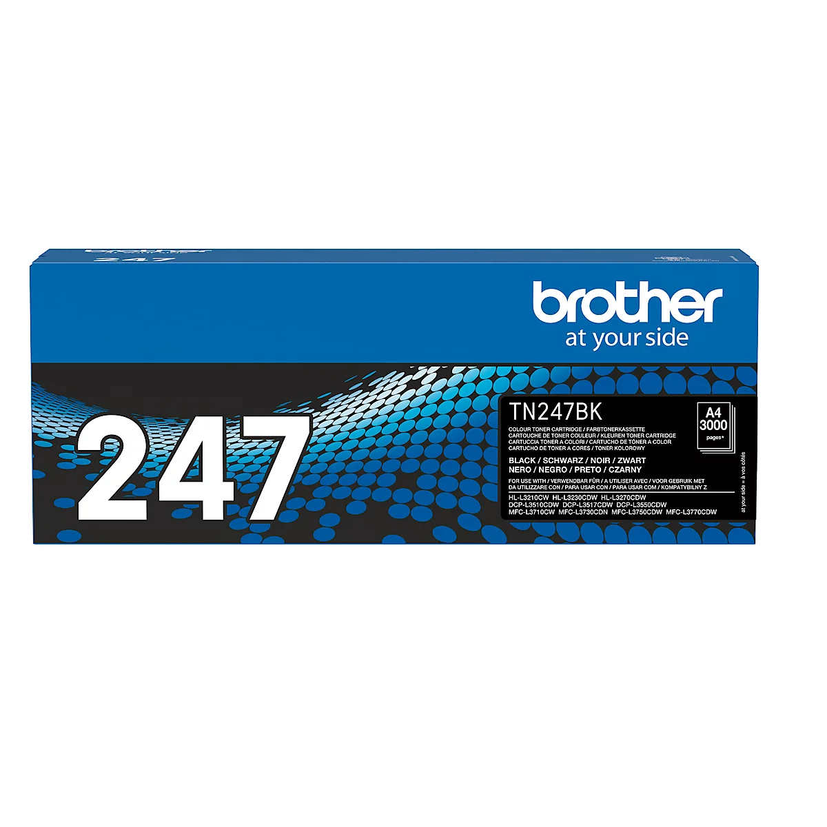 Cartouche de toner Brother bleu et noir, marquée 247 et TN247BK. Le logo Brother est en haut à droite.