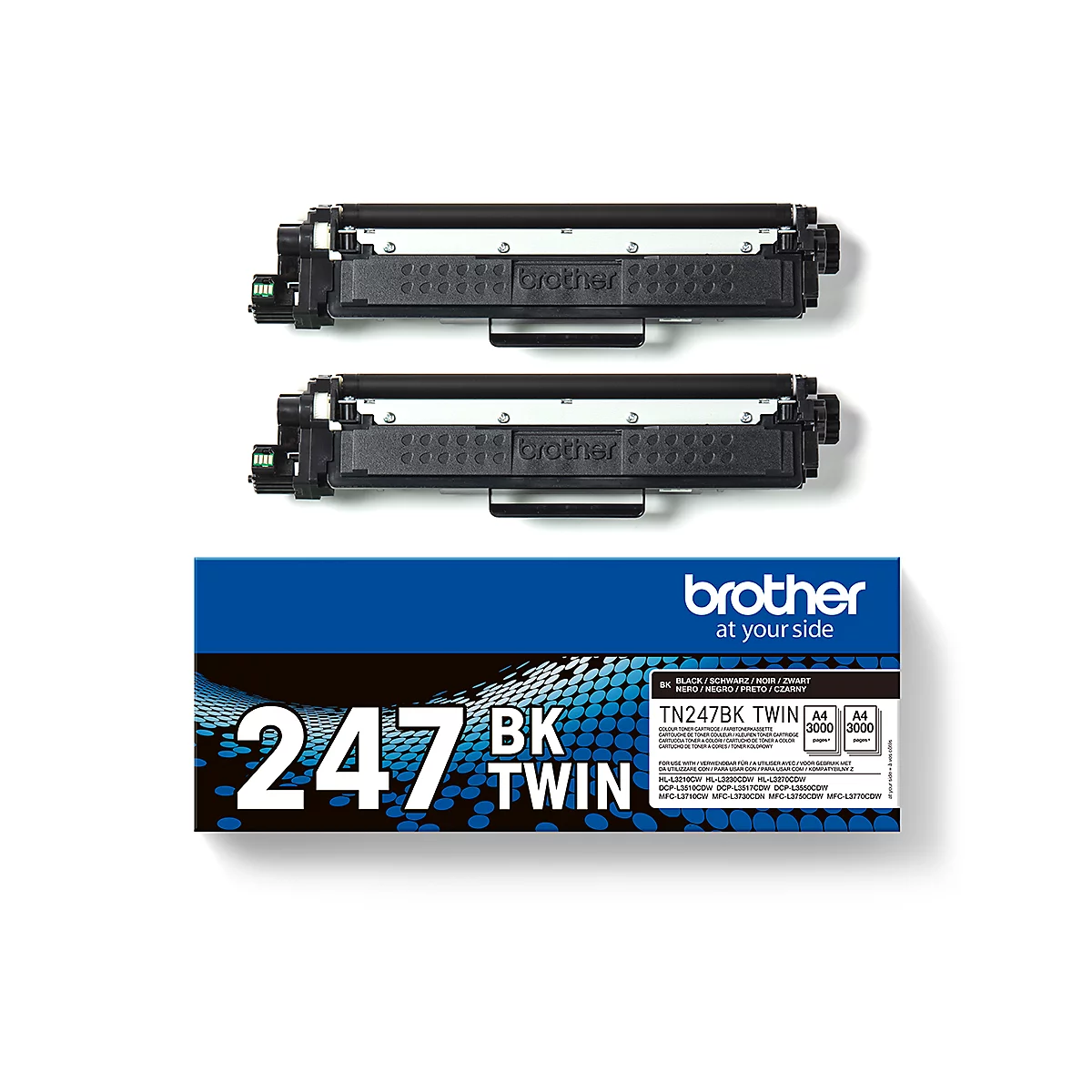 Deux cartouches de toner Brother noires avec un emballage de produit portant l'inscription "247 BK TWIN".
