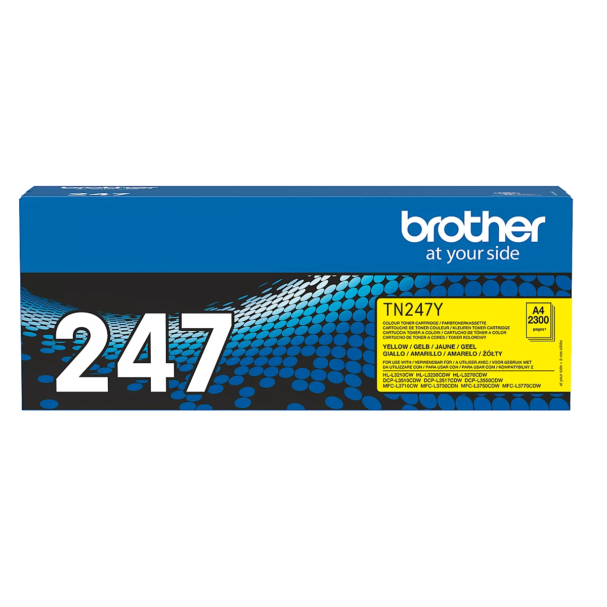 Cartouche de toner Brother. L'emballage bleu porte le numéro "247". La zone jaune contient des informations sur le produit.