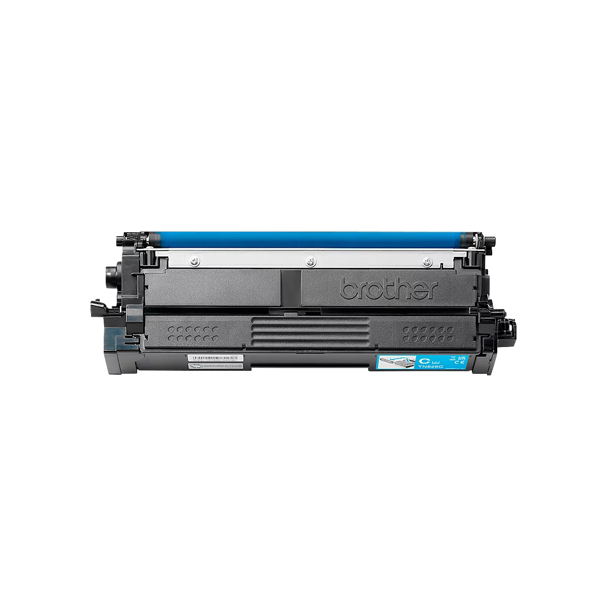 Cartouche de toner Brother bleue sur fond blanc.
