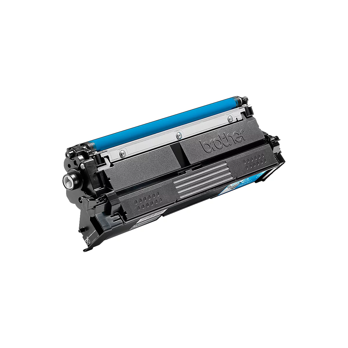 Cartouche de toner noire Brother avec rouleau bleu clair sur fond neutre.