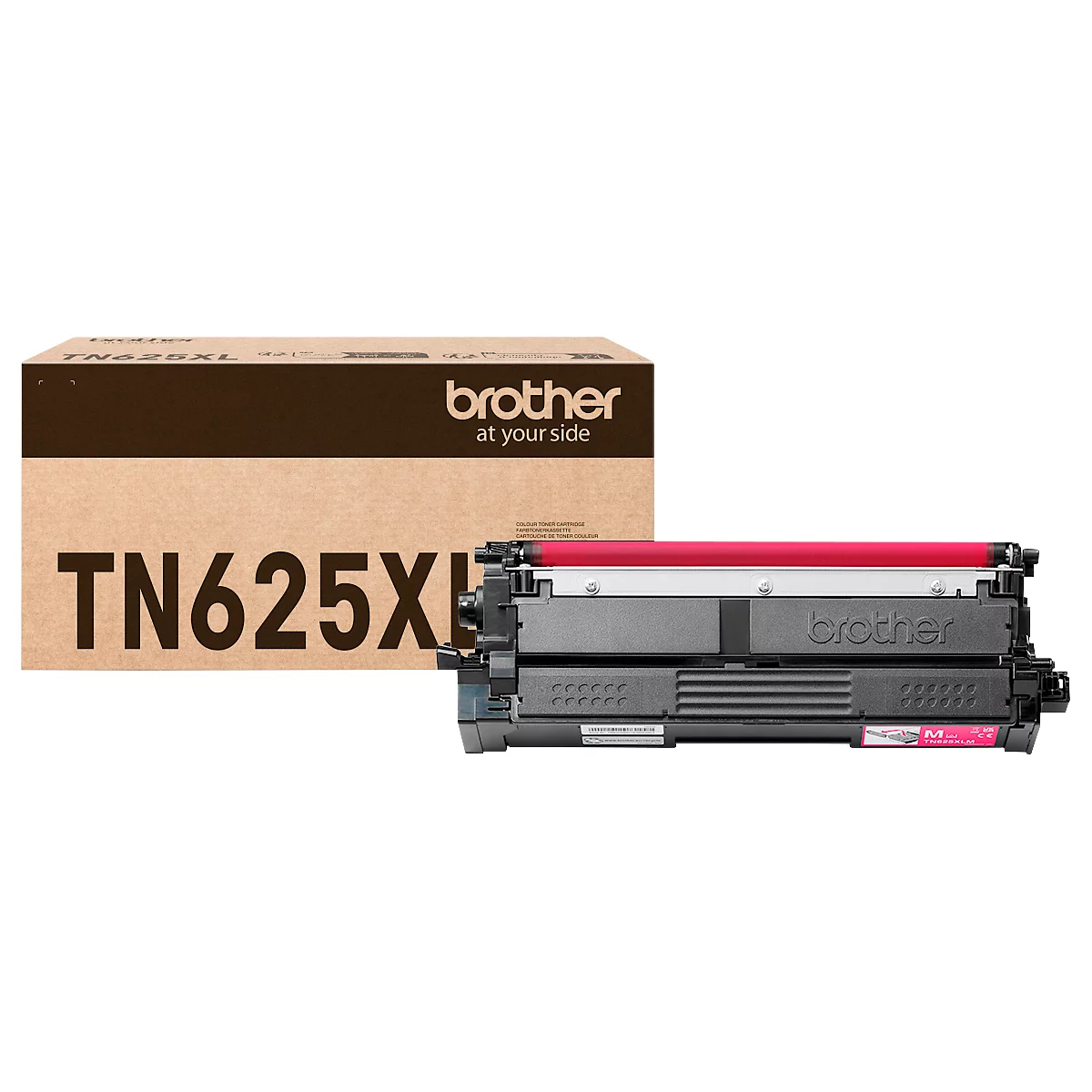 Cartouche de toner magenta Brother TN625XL devant sa boîte d'emballage brune.