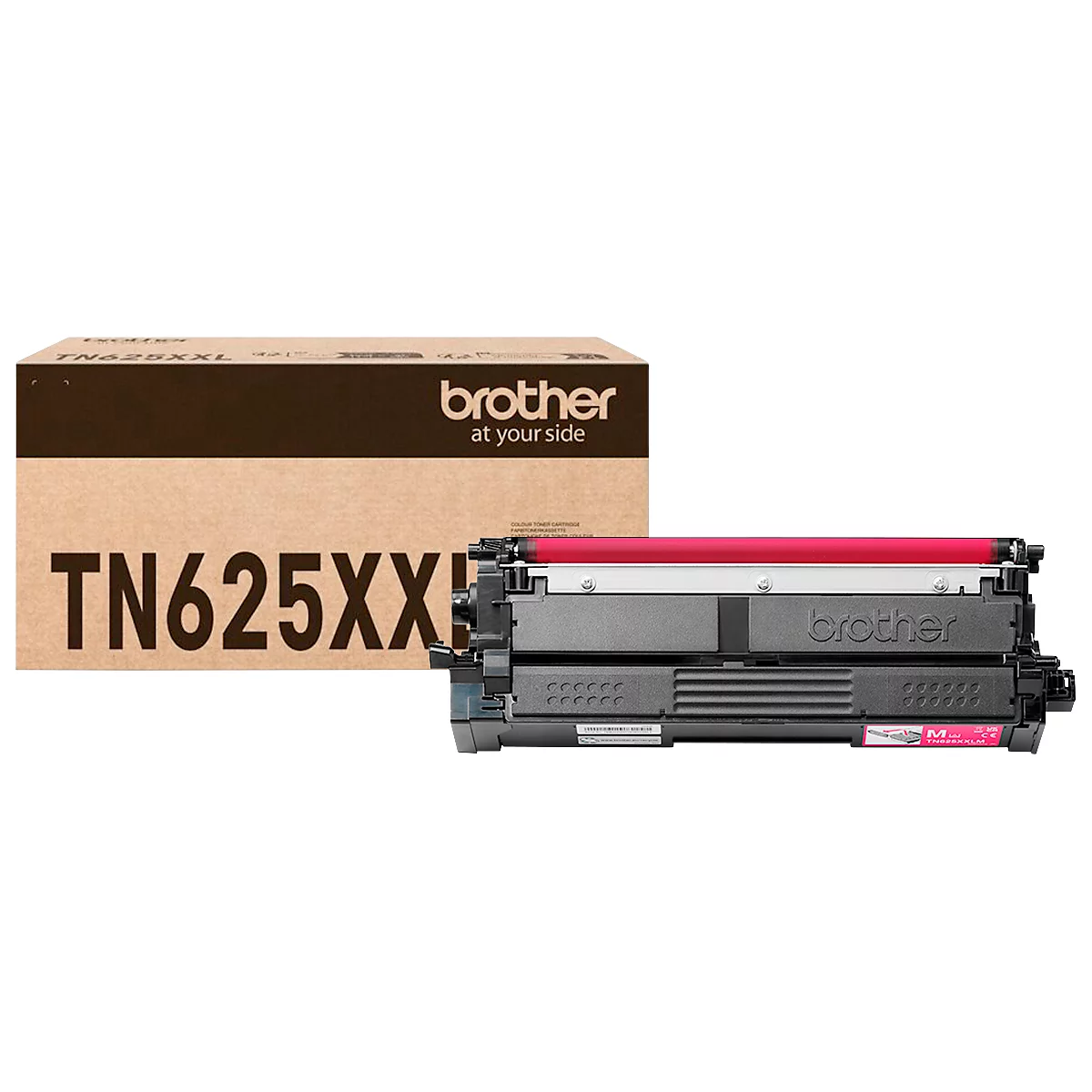 Cartouche de toner magenta Brother TN625XXL avec son emballage en carton marron, sur fond blanc.