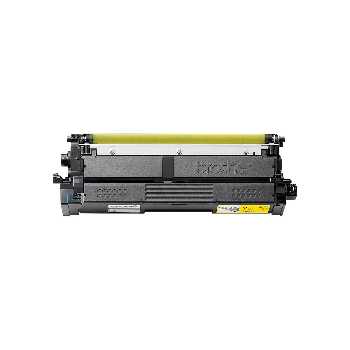 Cartouche de toner jaune Brother sur fond neutre.