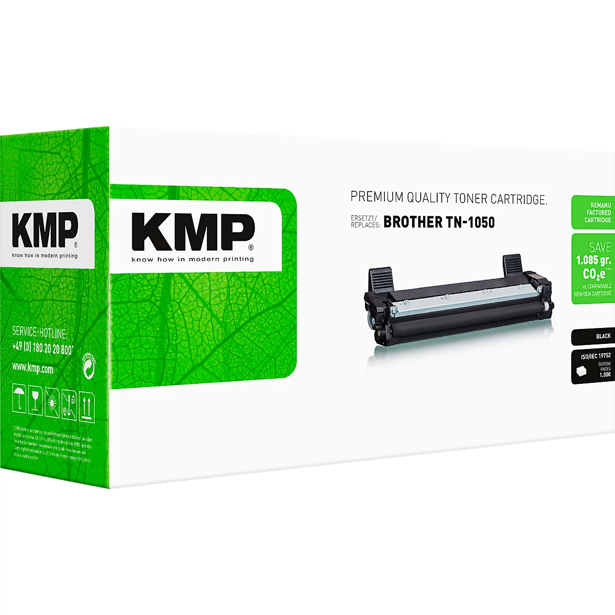 KMP Tonerkartusche für Brother TN-1050 in grüner Produktverpackung.