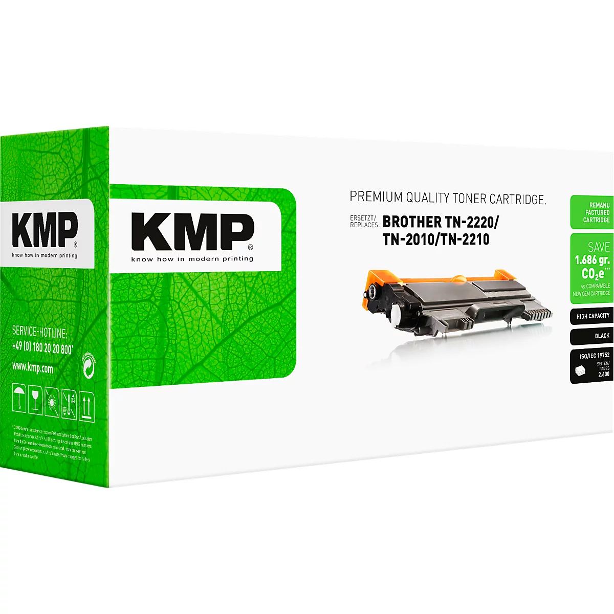 KMP Tonerkartusche für Brother TN-2220, TN-2010 und TN-2210 in grün-weißer Verpackung.