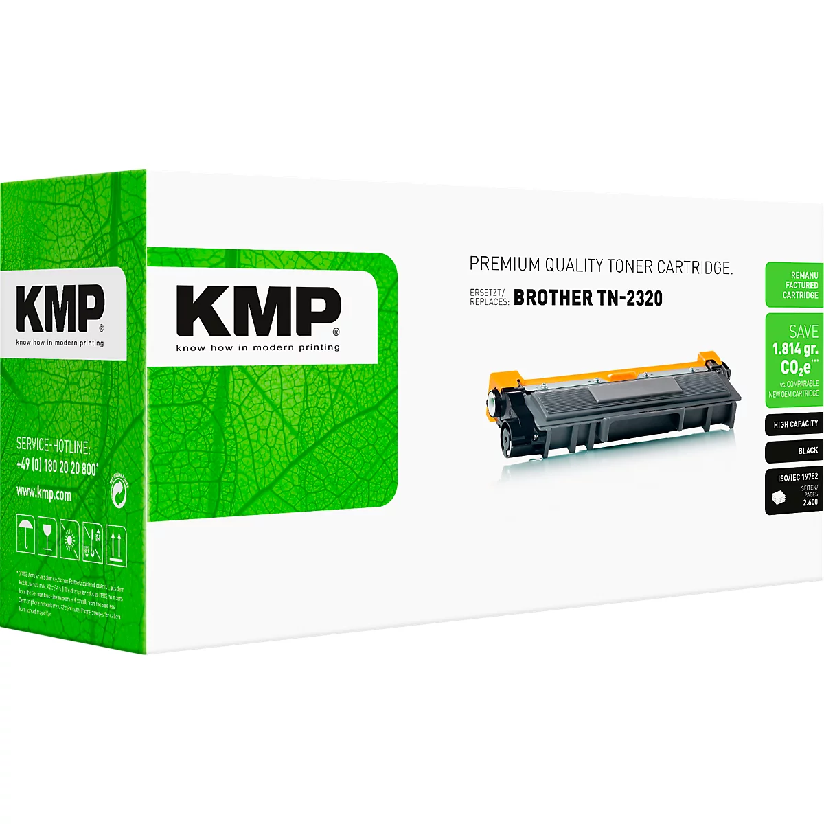 KMP Toner-Kartusche, Ersatz für Brother TN-2320, in weiß-grüner Produktverpackung.