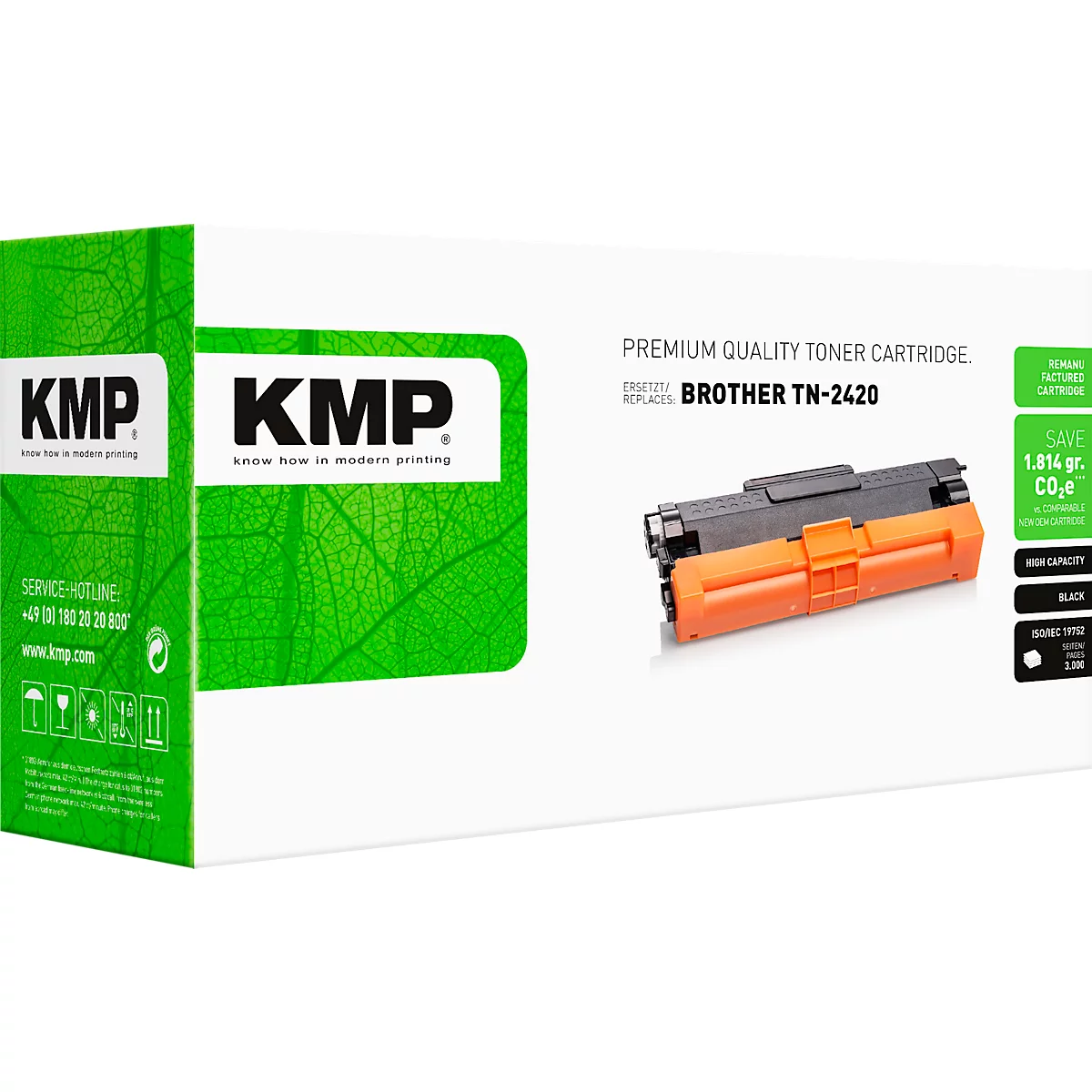 KMP Tonerkartusche für Brother TN-2420 in weißer Verpackung mit grünem Blattmuster.