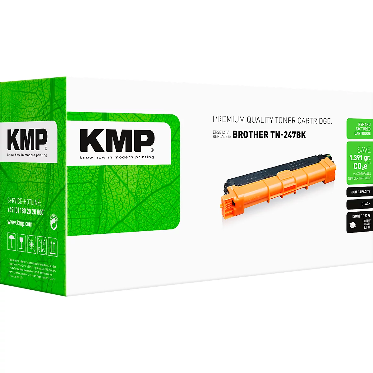 Verpackung der KMP Tonerkartusche, kompatibel mit Brother TN-247BK, in grüner Box mit Produktfoto.