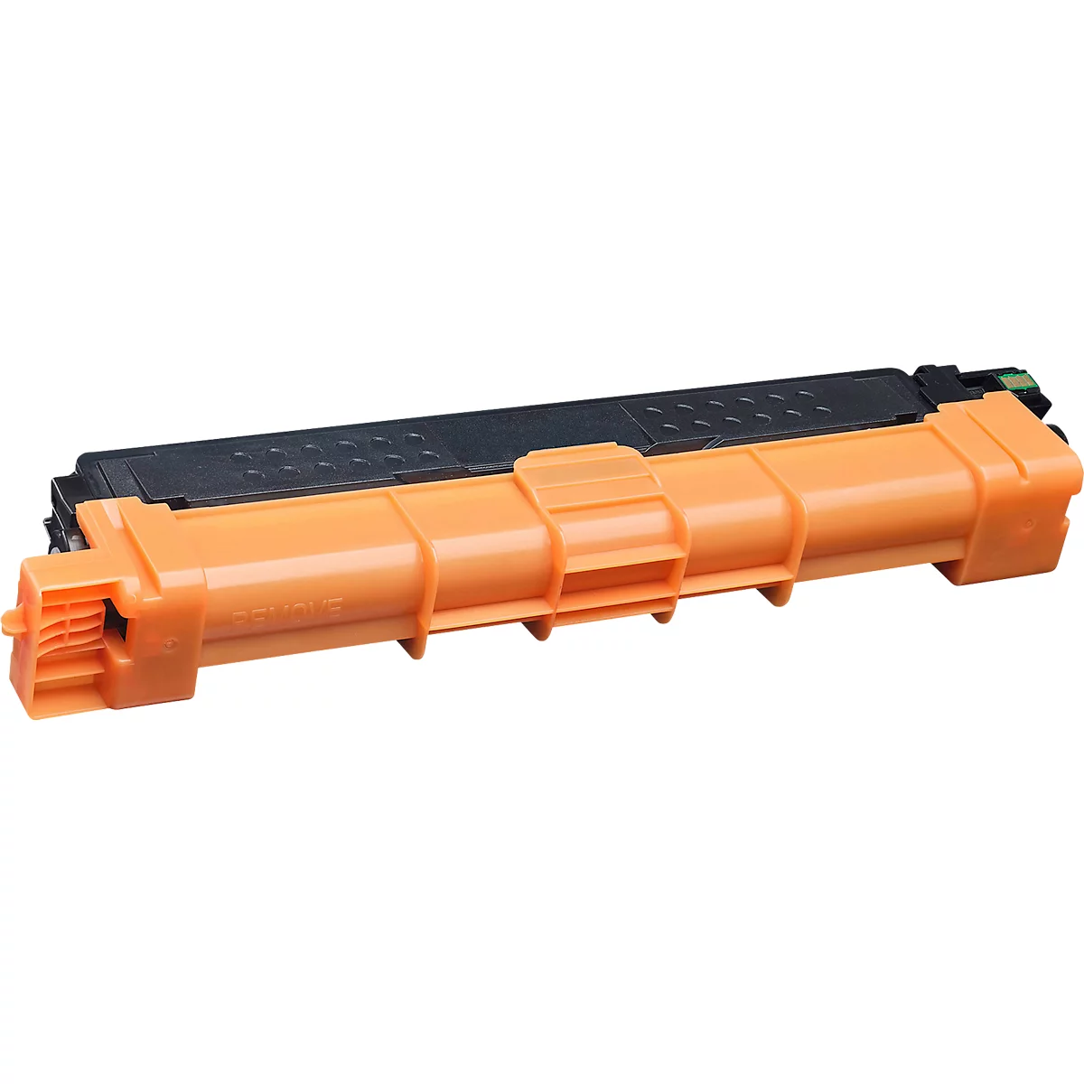 Eine längliche, orangefarbene Tonerkartusche mit schwarzem Oberteil vor weißem Hintergrund.