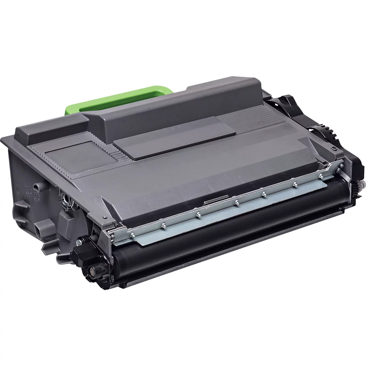Schwarze Tonerkartusche für Laserdrucker mit einem grünen Tragegriff vor weißem Hintergrund.