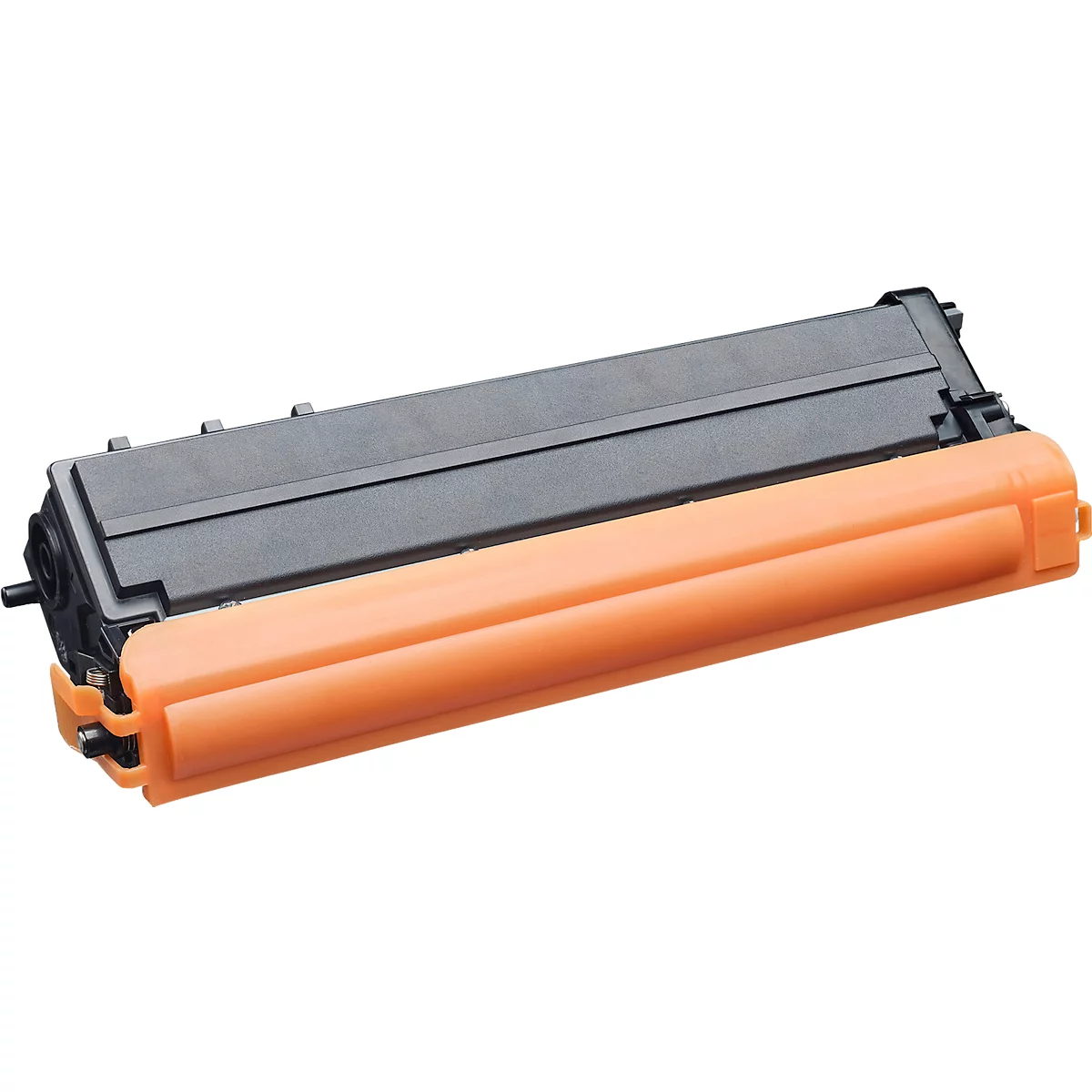 Schwarze Tonerkartusche für Laserdrucker mit schützender, orangefarbener Kunststoffabdeckung.