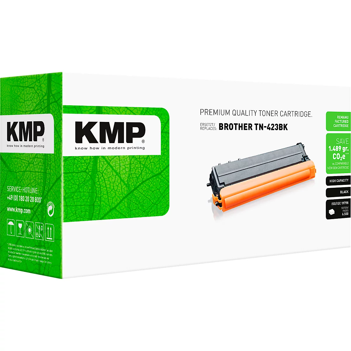 Grüne KMP Verpackung für die Brother TN-423BK Tonerkartusche mit Produktbild auf der Vorderseite.
