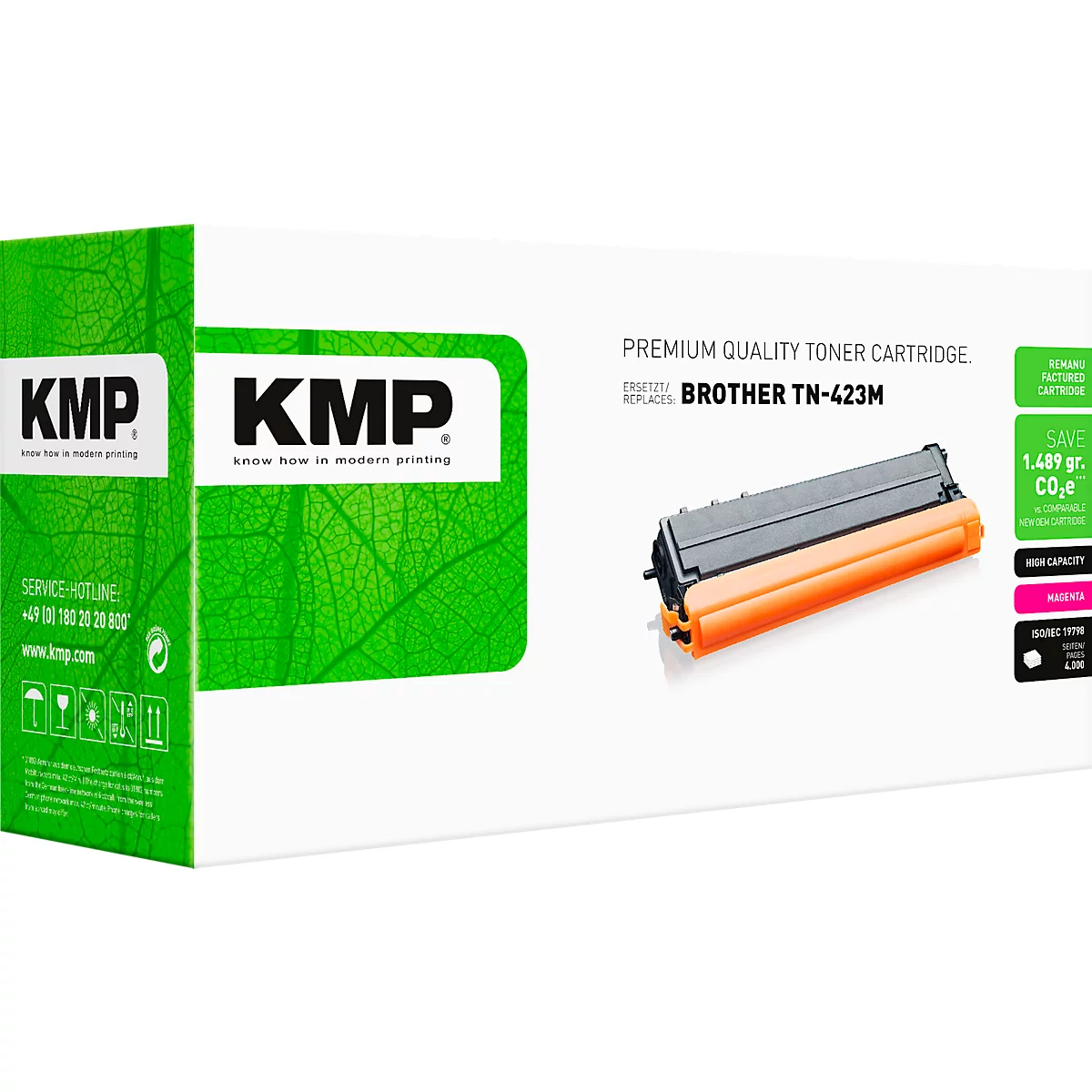 KMP Toner Kartusche für Brother TN-423M in weisser Verpackung mit grünem Blättermuster.
