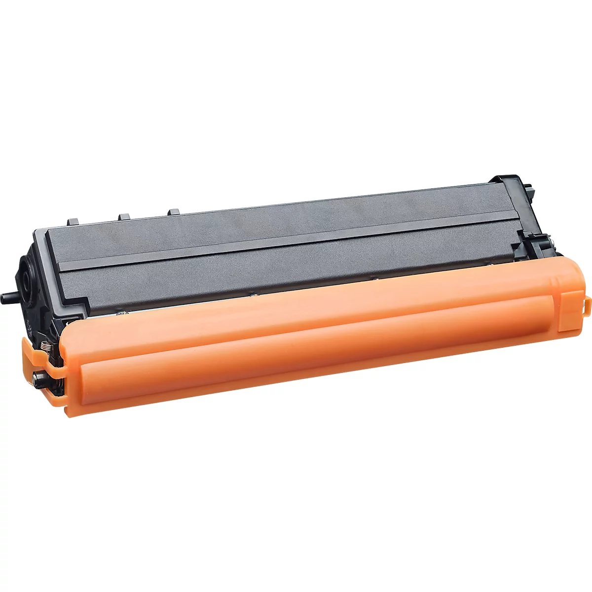 Schwarze Tonerkartusche für Laserdrucker mit schützender, orangefarbener Kunststoffabdeckung vor weissem Hintergrund.