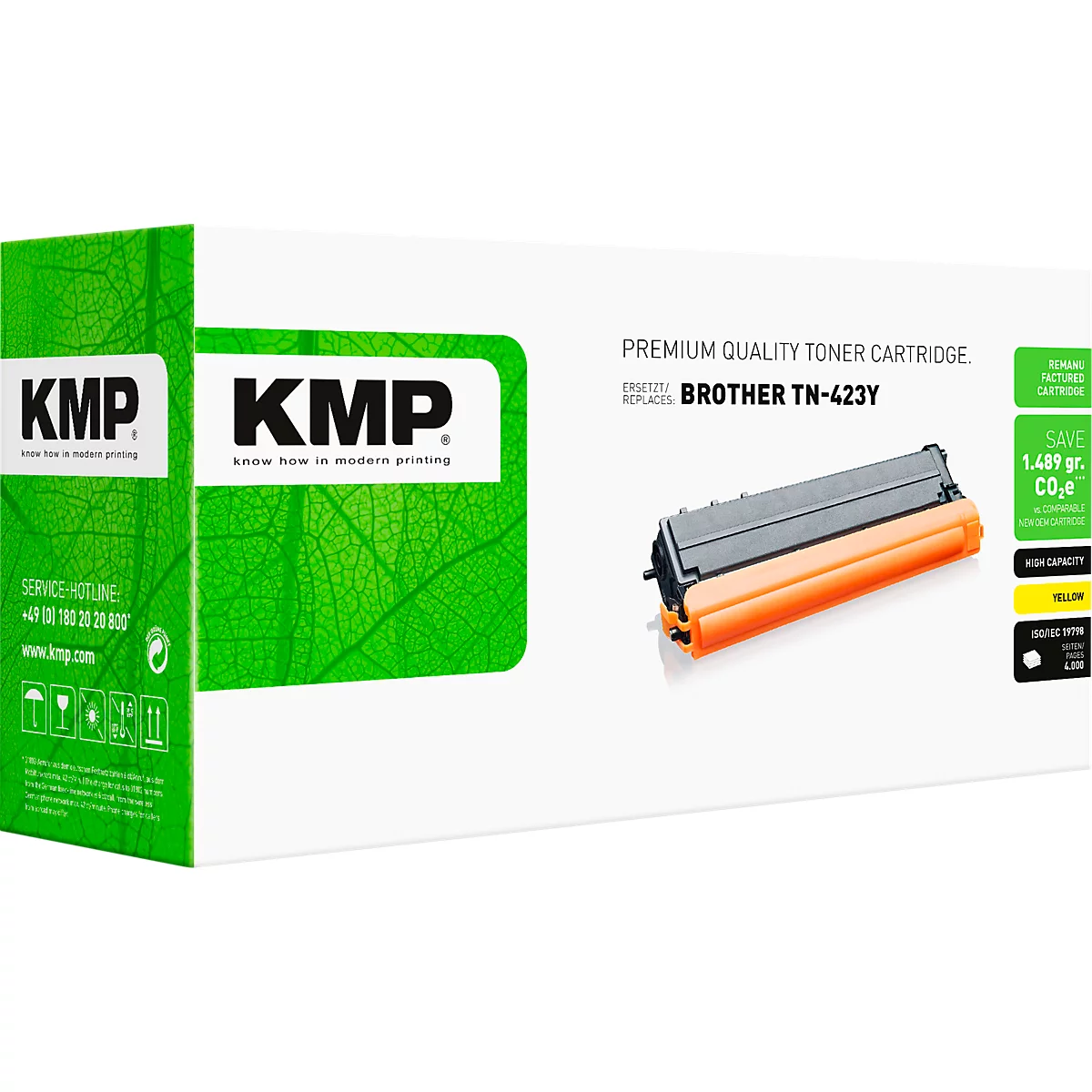 KMP Tonerkartusche für Brother TN-423Y in gelb, verpackt im Karton.