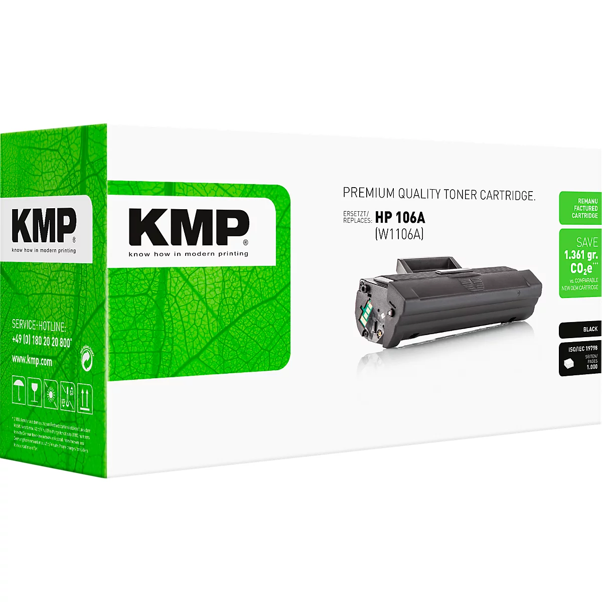KMP Tonerkartusche für HP 106A in Originalverpackung auf weißem Hintergrund.