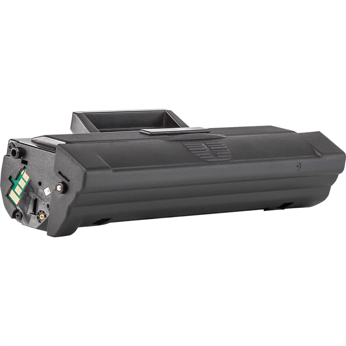 Schwarze Tonerkartusche für Laserdrucker vor weißem Hintergrund.