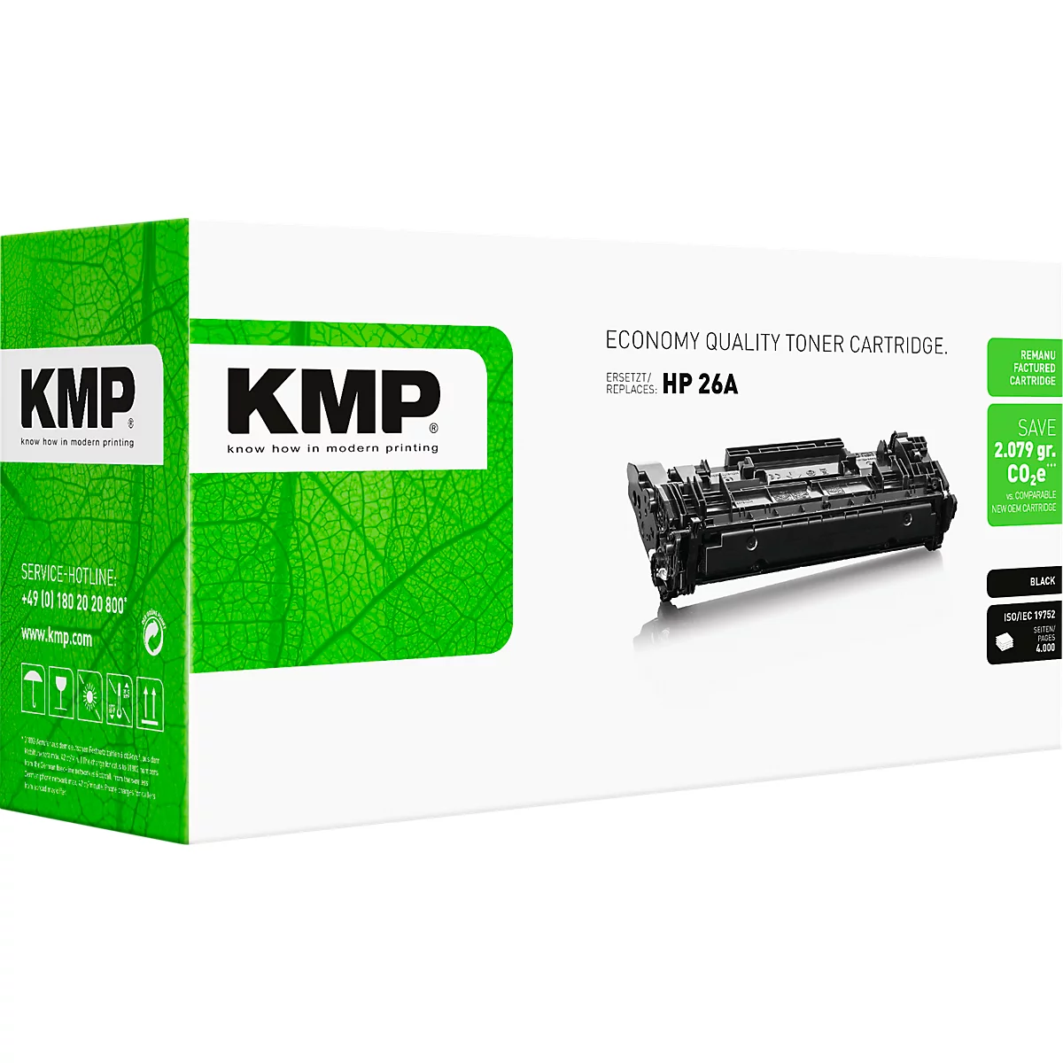 KMP Tonerkartusche für HP 26A in grüner und weißer Verpackung.