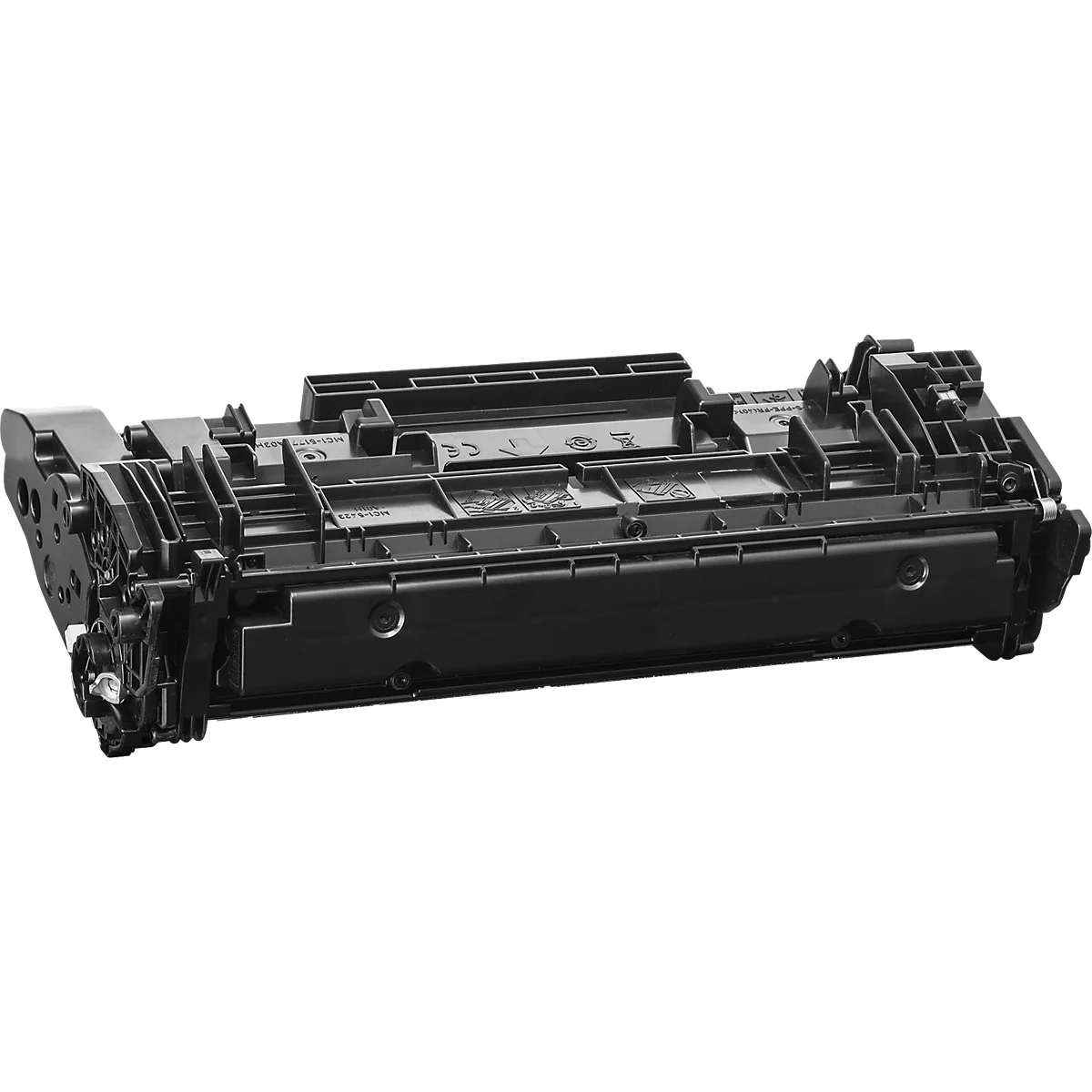Schwarze Tonerkartusche für Laserdrucker vor weißem Hintergrund.