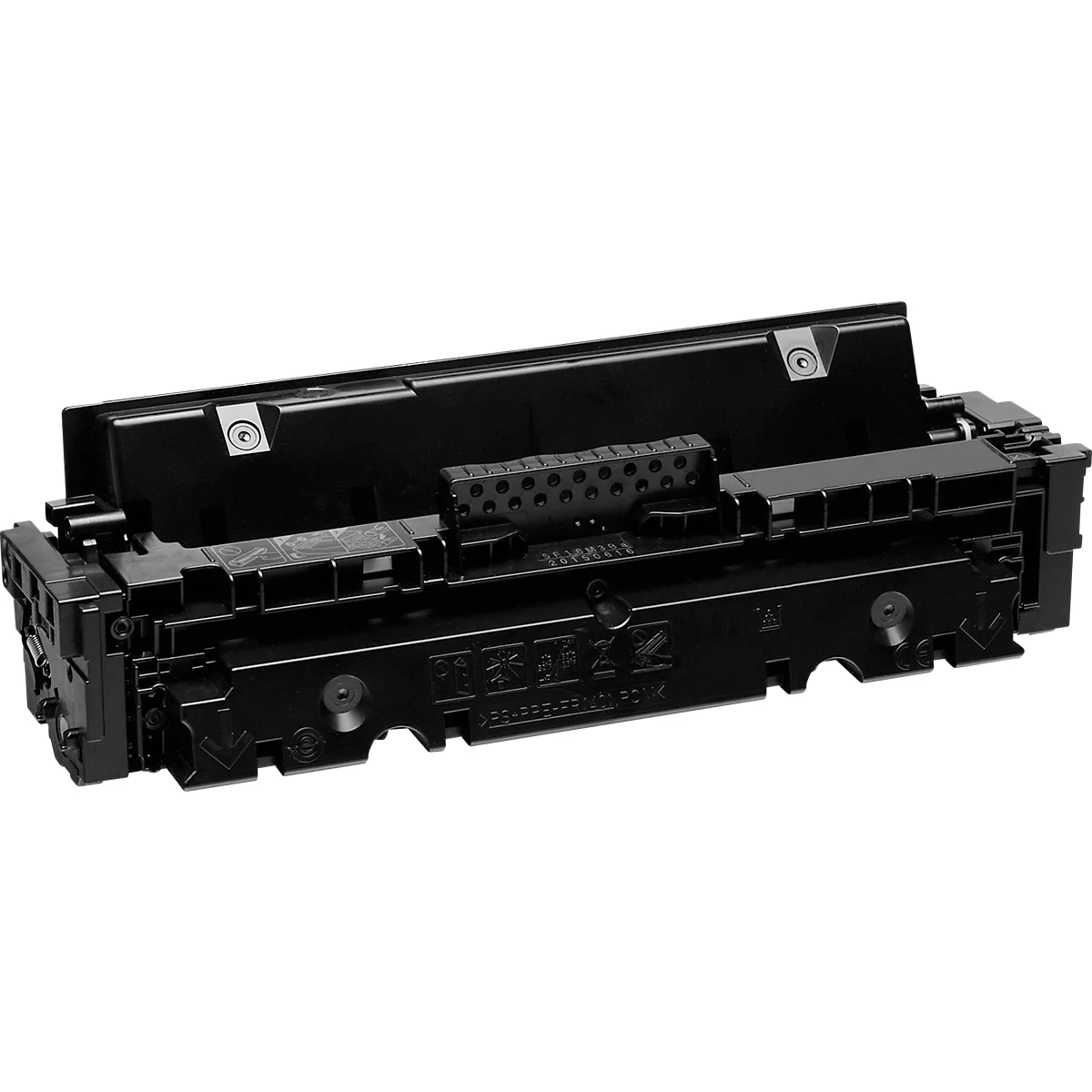 Schwarze Tonerkartusche für einen Laserdrucker auf weißem Hintergrund.