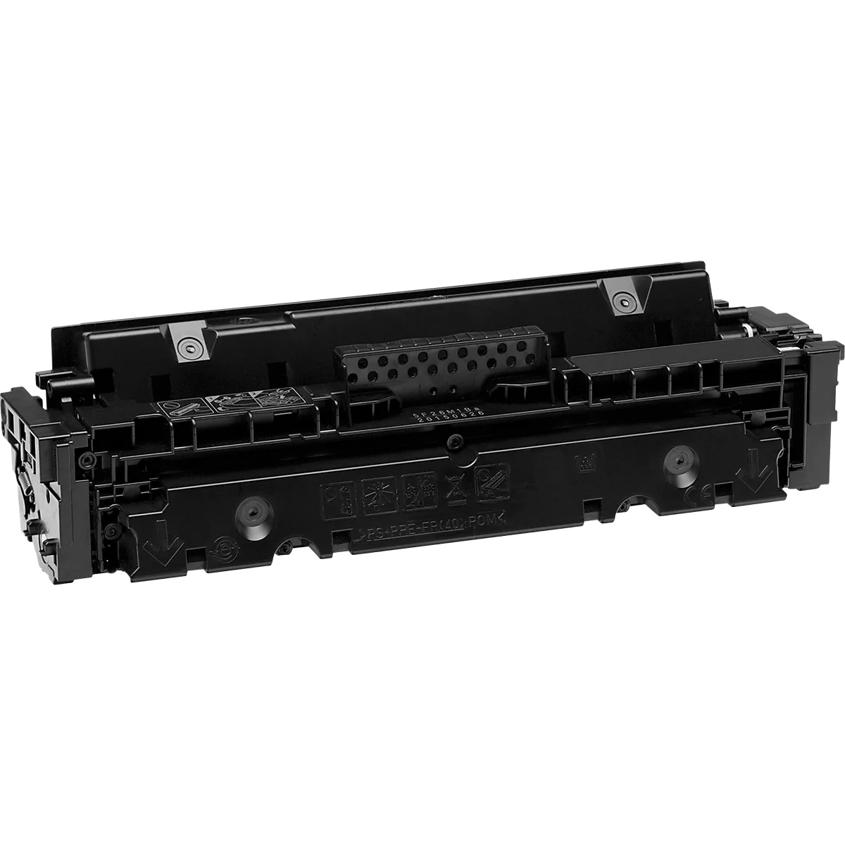 Schwarze Tonerkartusche für Laserdrucker vor weißem Hintergrund.