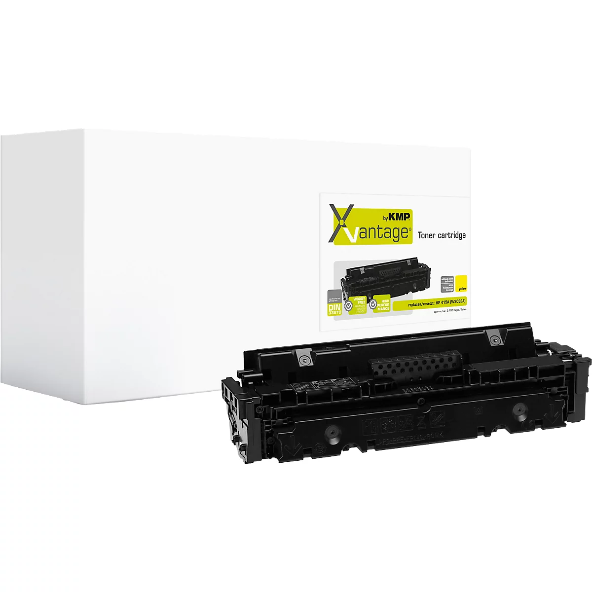 Schwarze KMP Vantage Tonerkartusche vor einer weißen Produktverpackung.