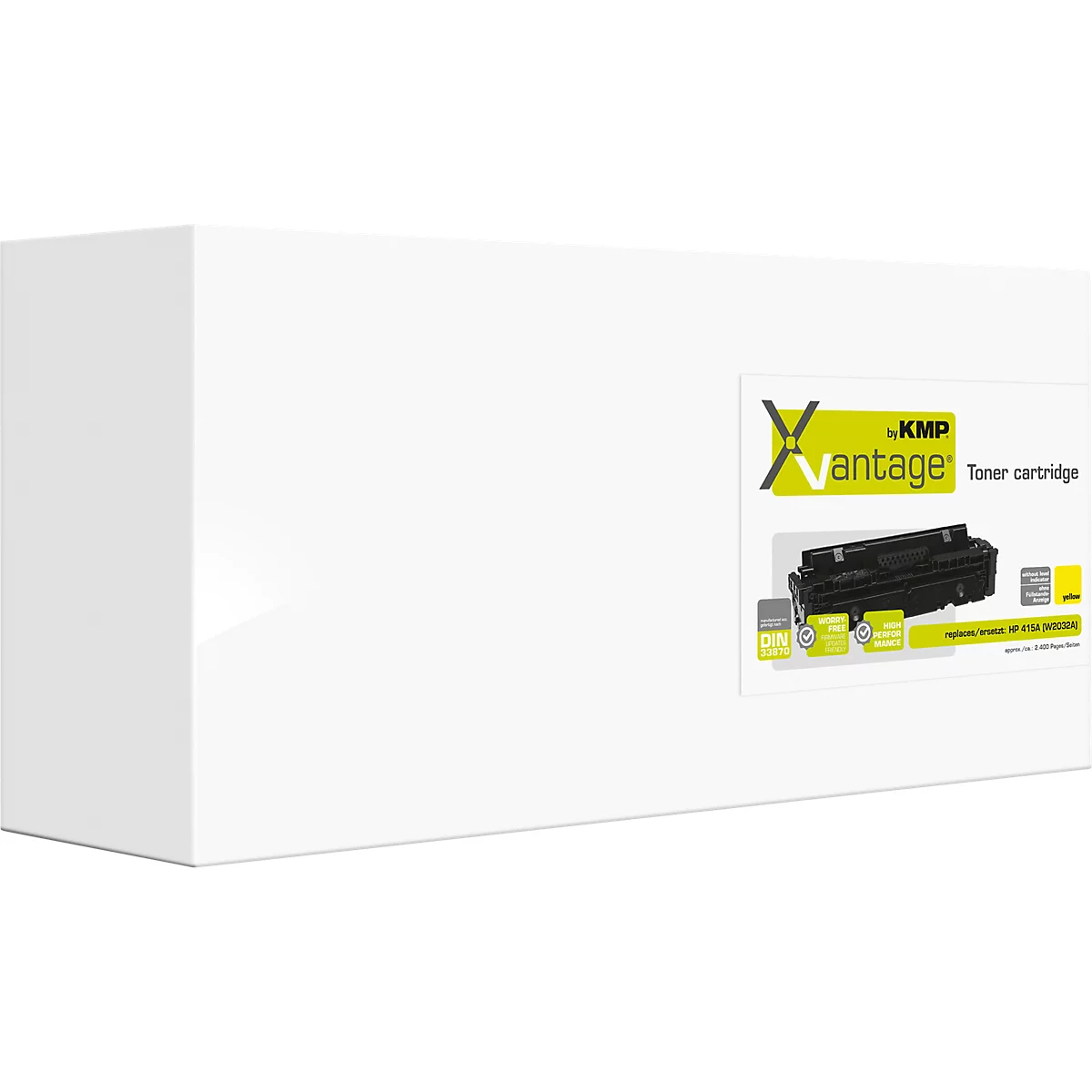 Weiße Produktverpackung einer KMP Vantage Tonerkartusche mit Logo und Abbildung.
