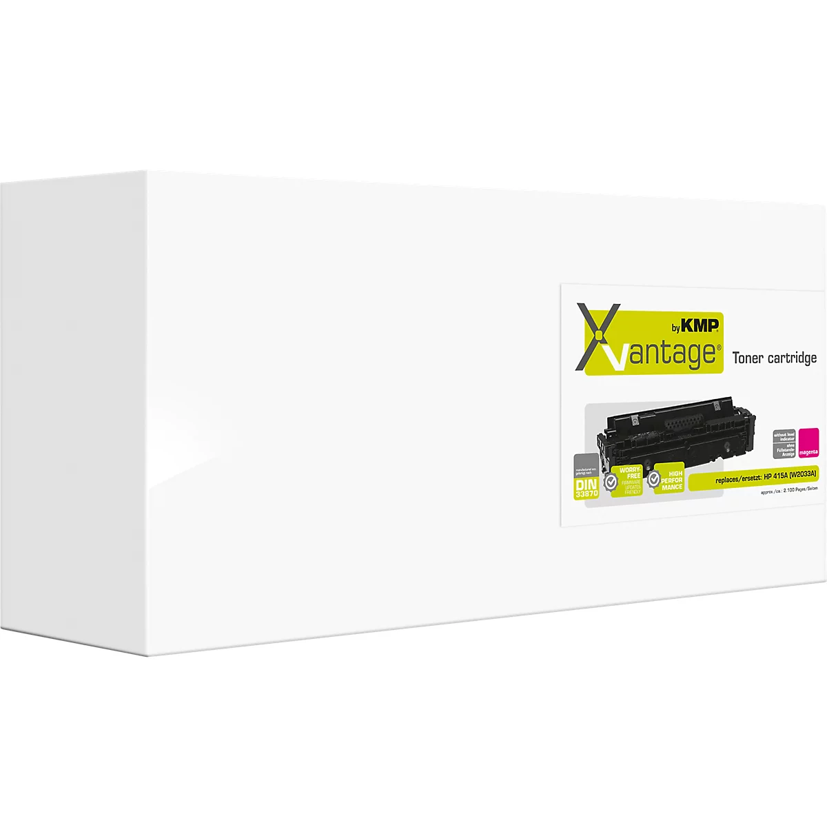 Weiße Produktverpackung einer KMP X-vantage Tonerkartusche mit grünem Logo.