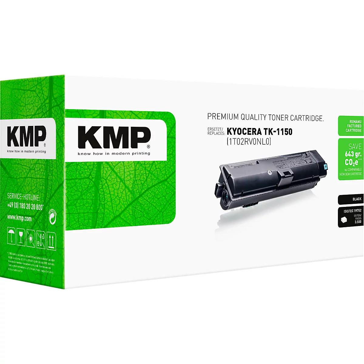 KMP Tonerkartusche für Kyocera TK-1150 in grüner Produktverpackung.