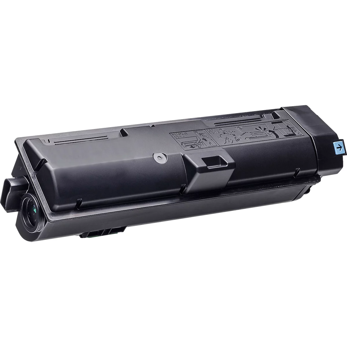 Schwarze Tonerkartusche für einen Laserdrucker auf weißem Hintergrund.