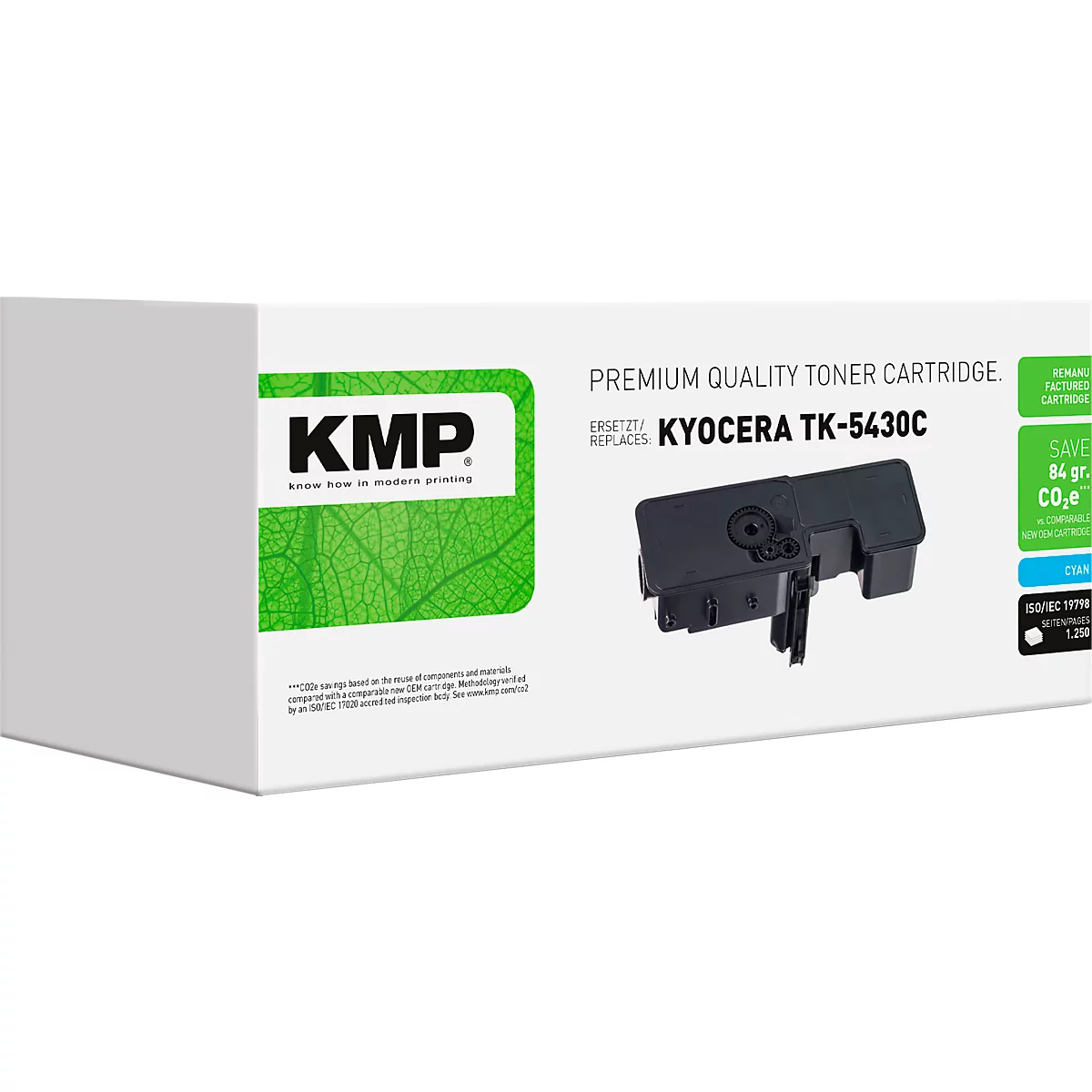 KMP Tonerkartusche für Kyocera TK-5430C in weißer Verpackung mit grünem Blatt-Logo.