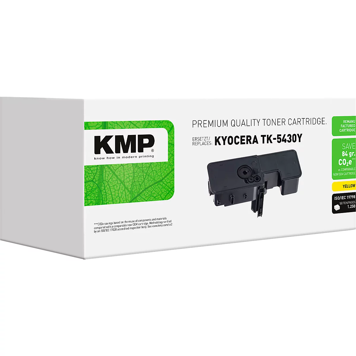KMP Tonerkartusche für Kyocera TK-5430Y in weißer Verpackung mit grünem Logo und gelbem Akzent.