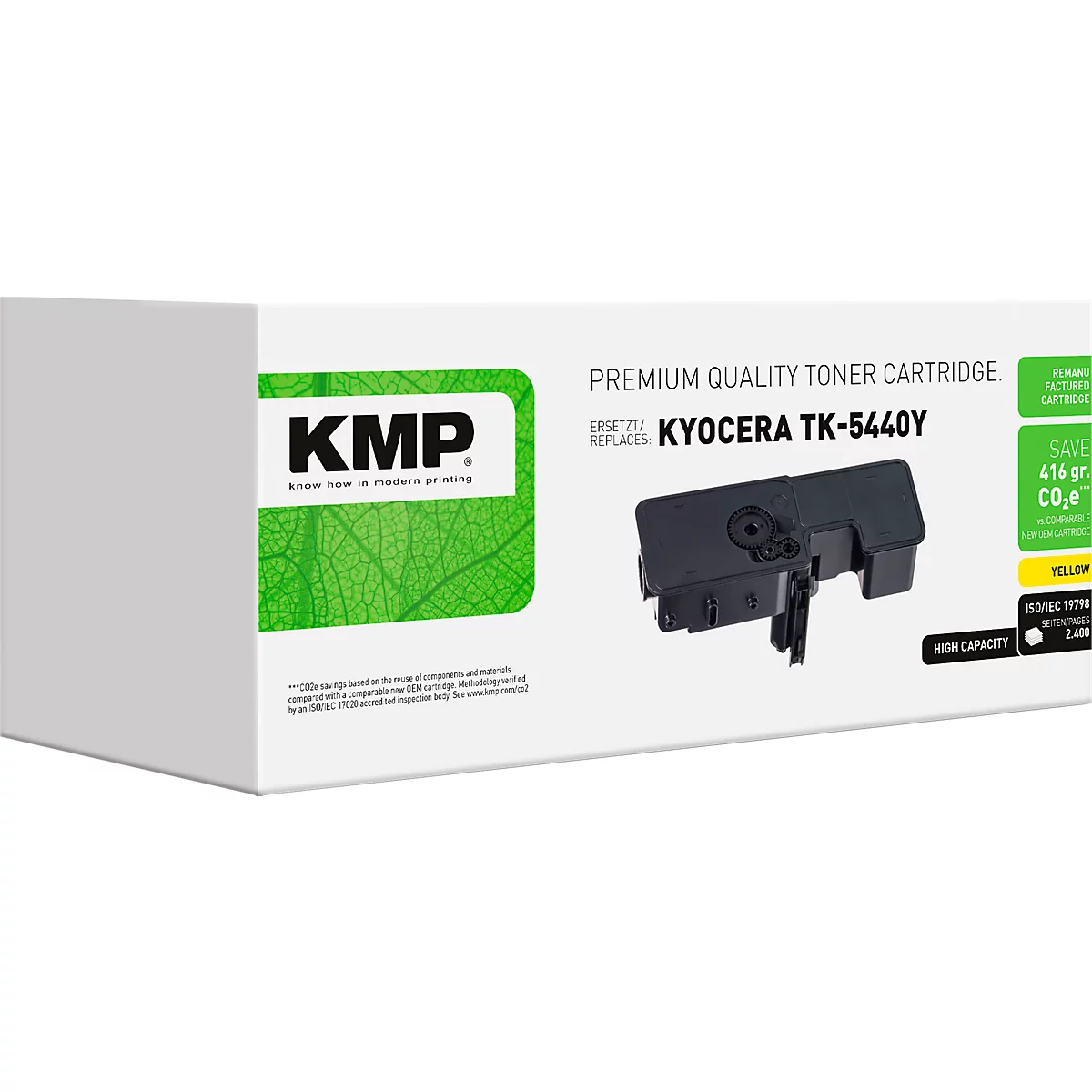 KMP Tonerkartusche gelb, Ersatz für Kyocera TK-5440Y, in weißer Produktverpackung mit grünem Blatt-Design.