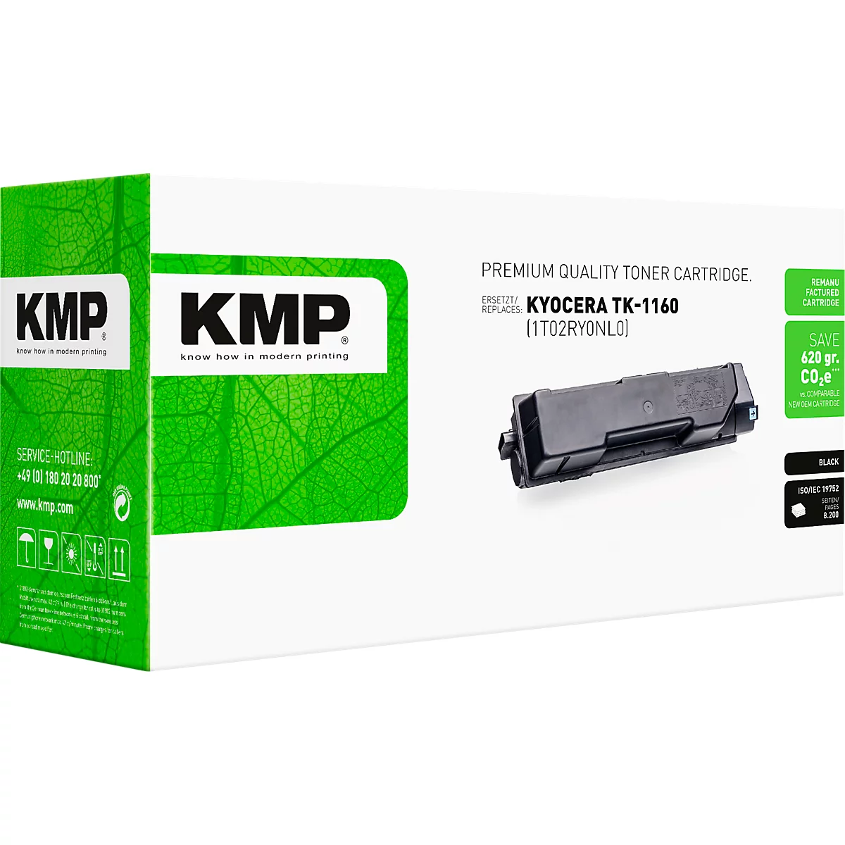 KMP Tonerkartusche TK-1160 für Kyocera Drucker in weiß-grüner Verpackung.