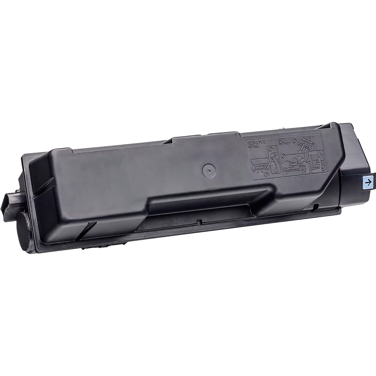 Schwarze Tonerkartusche für einen Laserdrucker vor weißem Hintergrund.